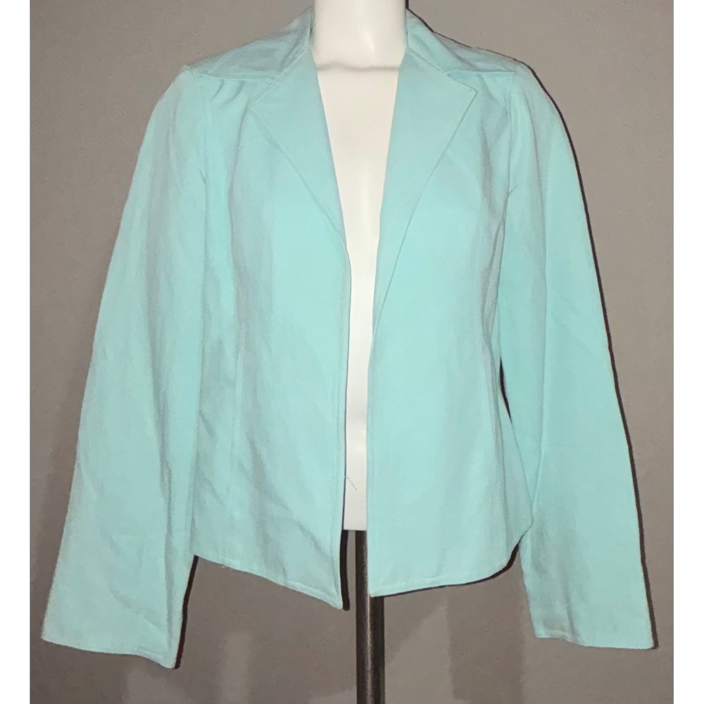 Liz Claiborne sz 10 Petite Silk Linen Blazer Jacket Aqua Mint Open Front Lined